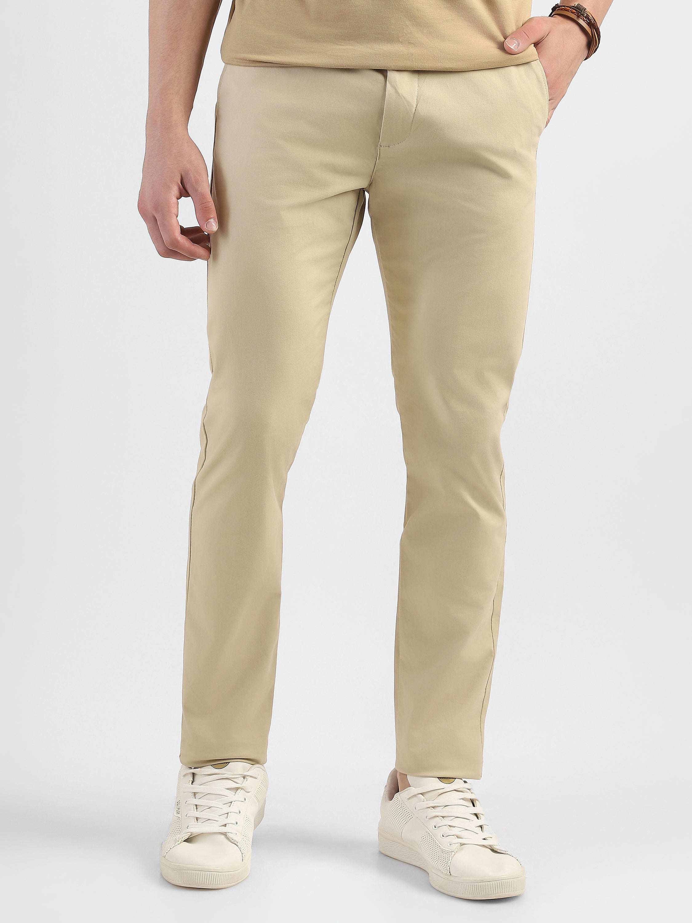 Men Beige Slim Fit Mid Rise Formal Trouser