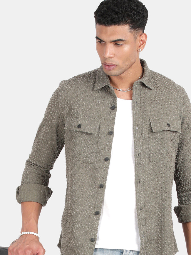 Men Green Slim Fit Spread Collar Full Sleeve Casual Shirt