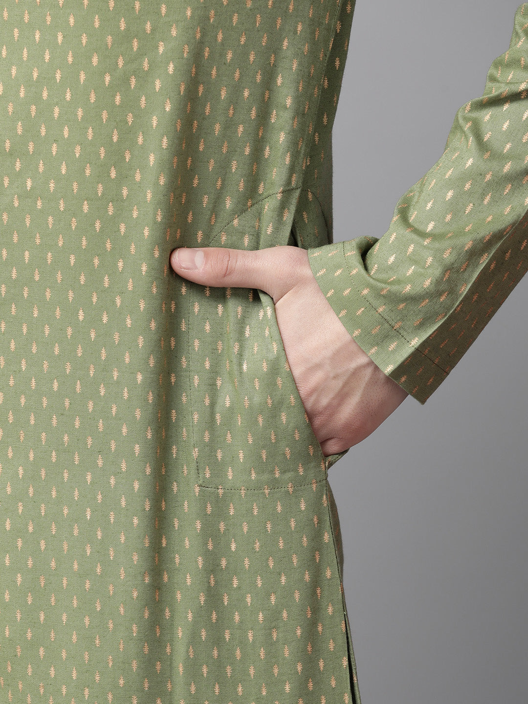 Men Green & Gold Stripe Printed Straight Kurta