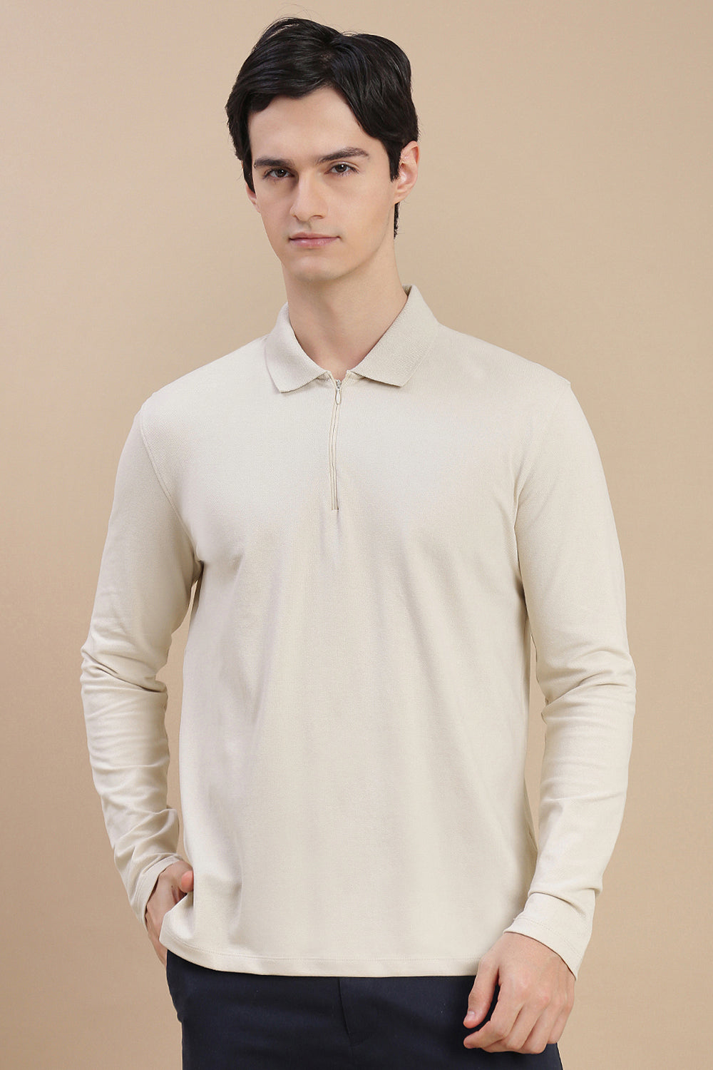 Men Beige Bonded Zipper Polo T-Shirt