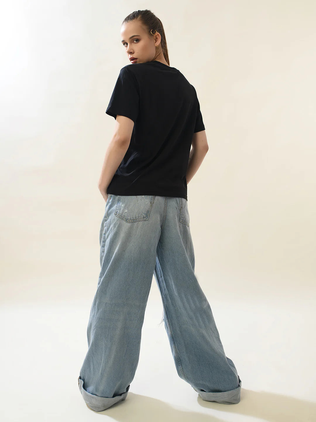 Women Black Cotton Relaxed T-Shirt