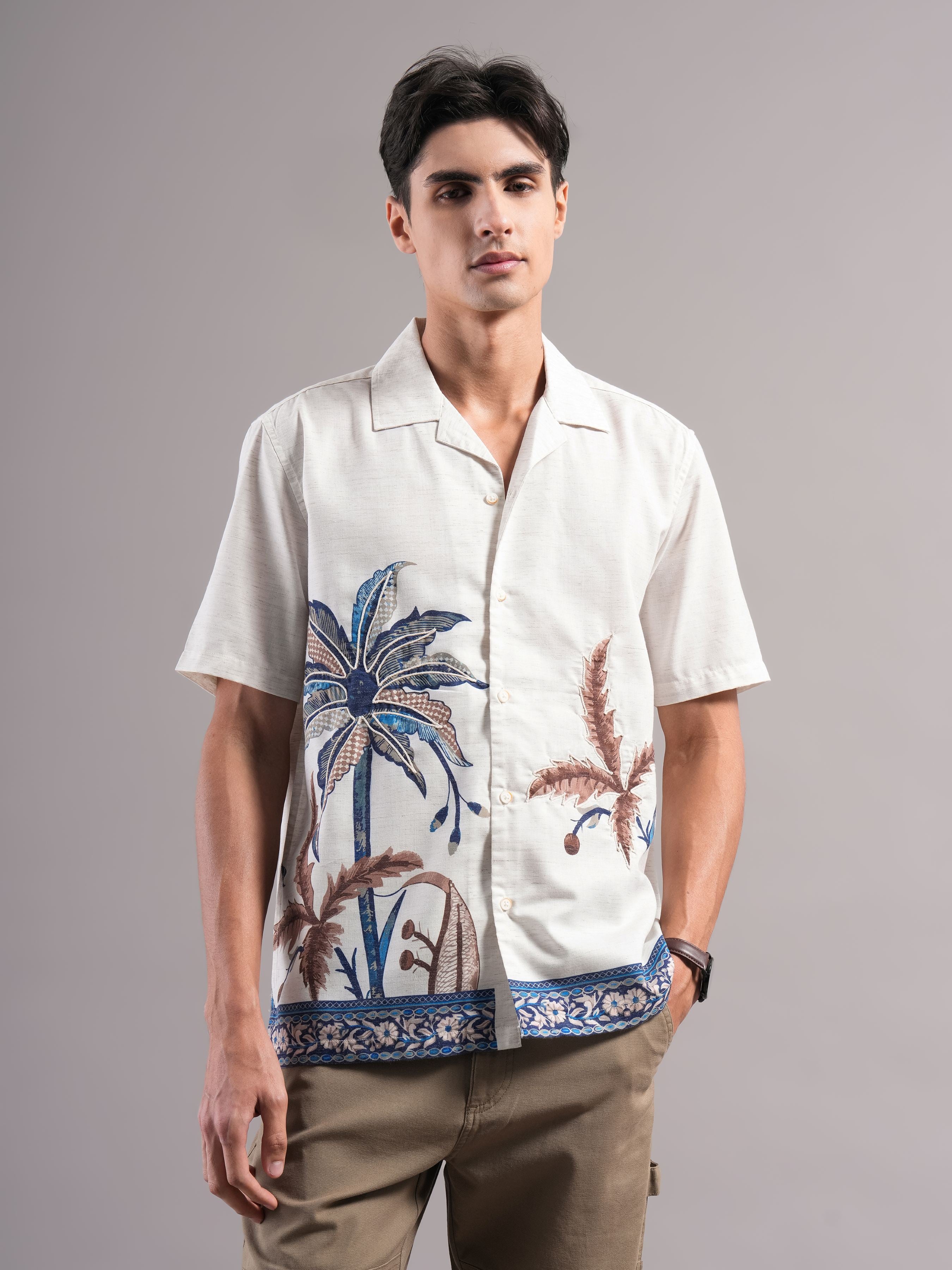 Men Cream Printed Casual Shirt