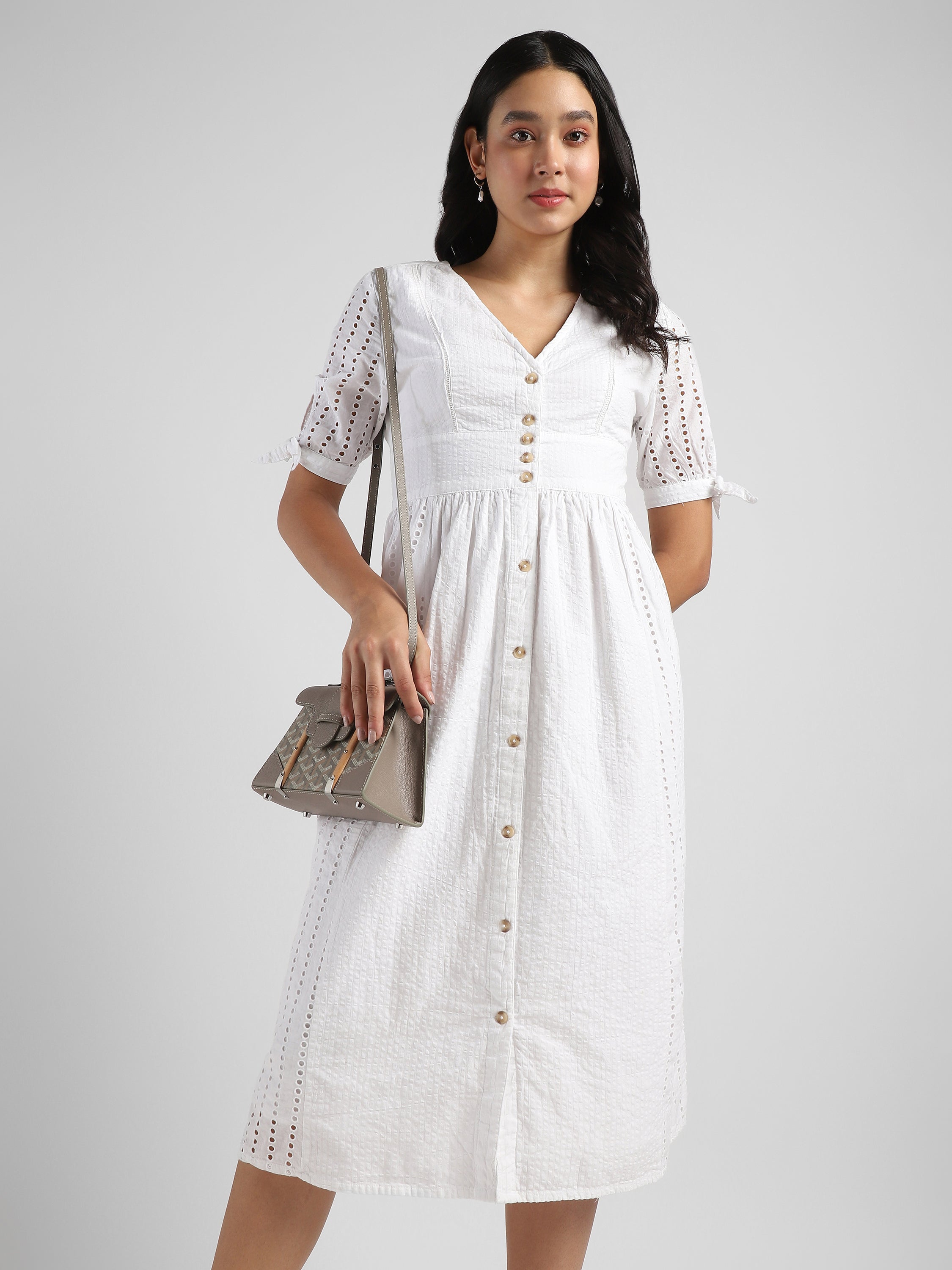 Women White Shiffli Midi Dress