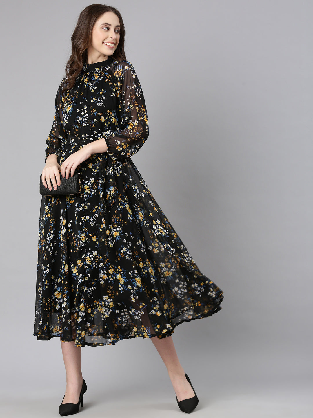 Women Black Floral Chiffon Dress