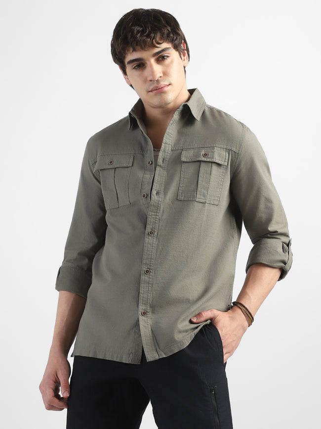 Men Olive Shirt With Two Front Pockets And Roll Up Sleeves