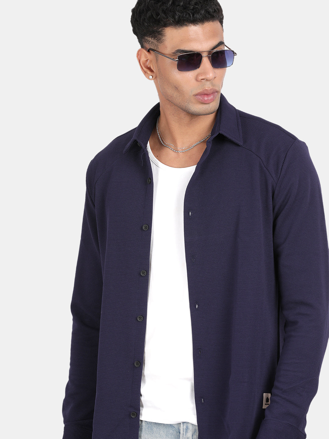 Men Navy Slim Fit Spread Collar Full Sleeve Casual Shirt