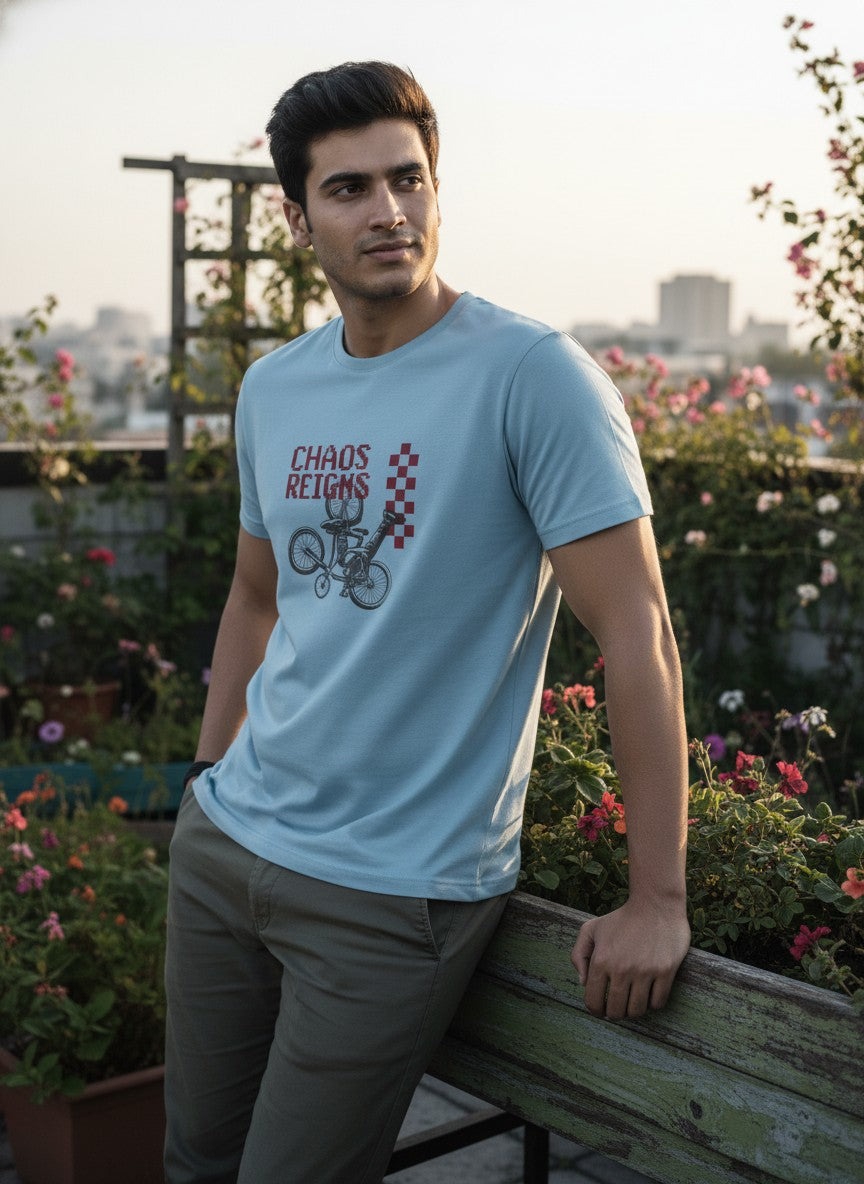 Men Cotton Ice Blue T-Shirt