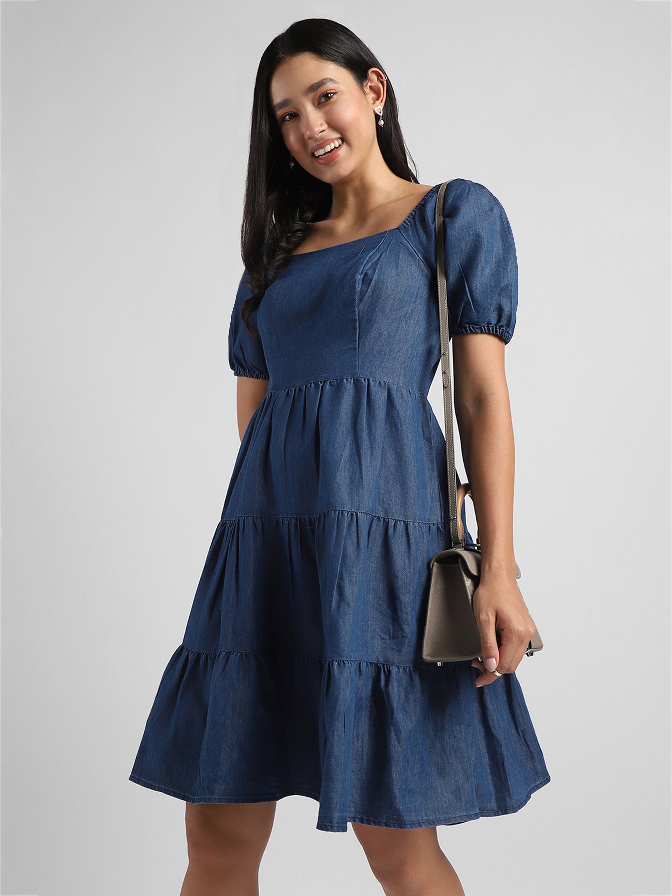 Women Blue Tier Denim Fit & Flare Dress