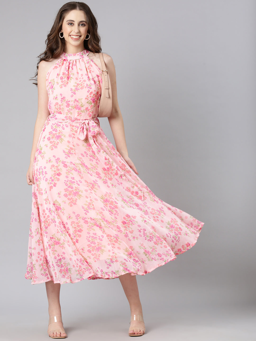 Women Pink Floral Chiffon Dress