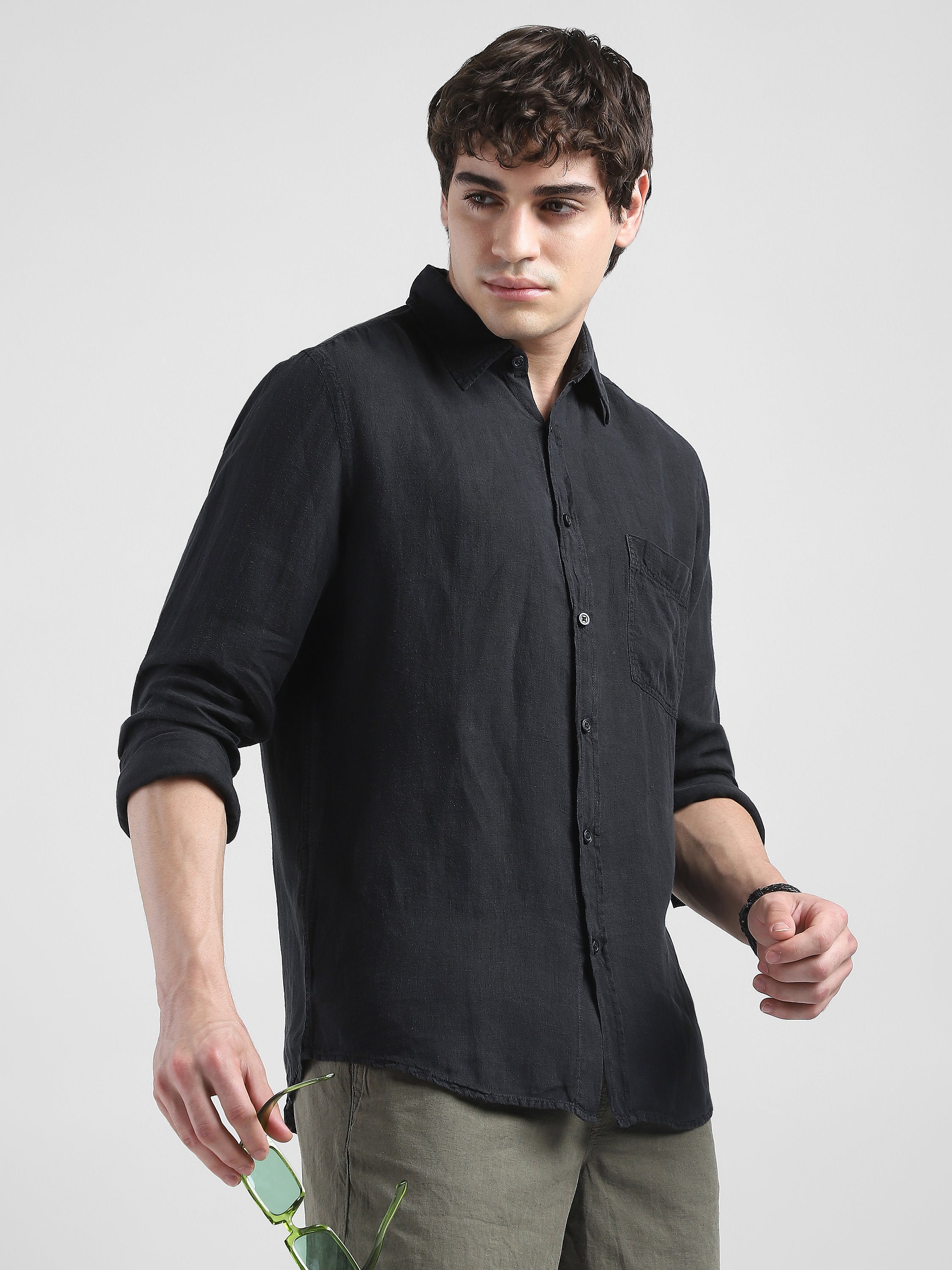 Men 100% Linen Black Regular Fit Shirt