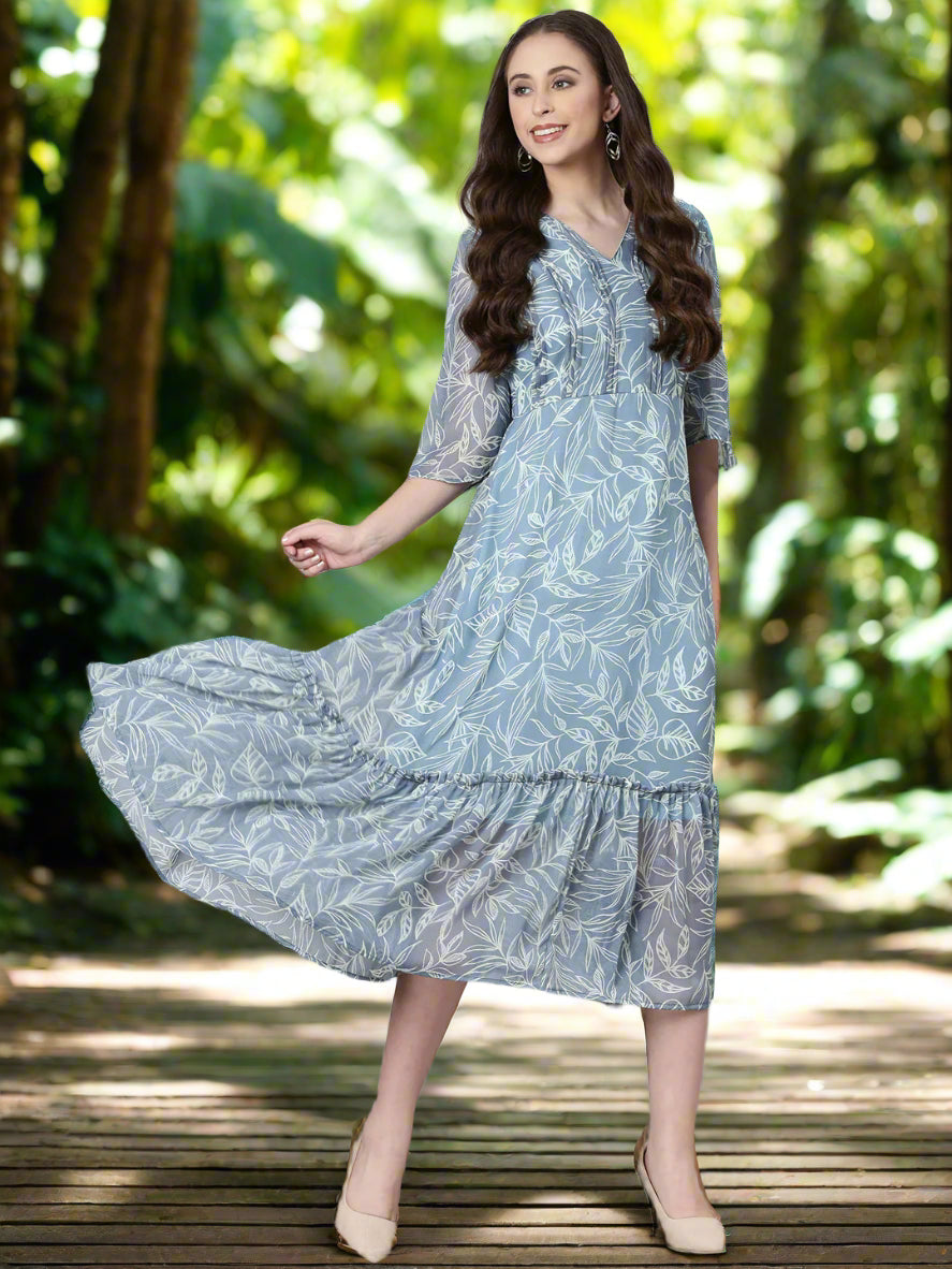 Women Grey Floral Chiffon Dress