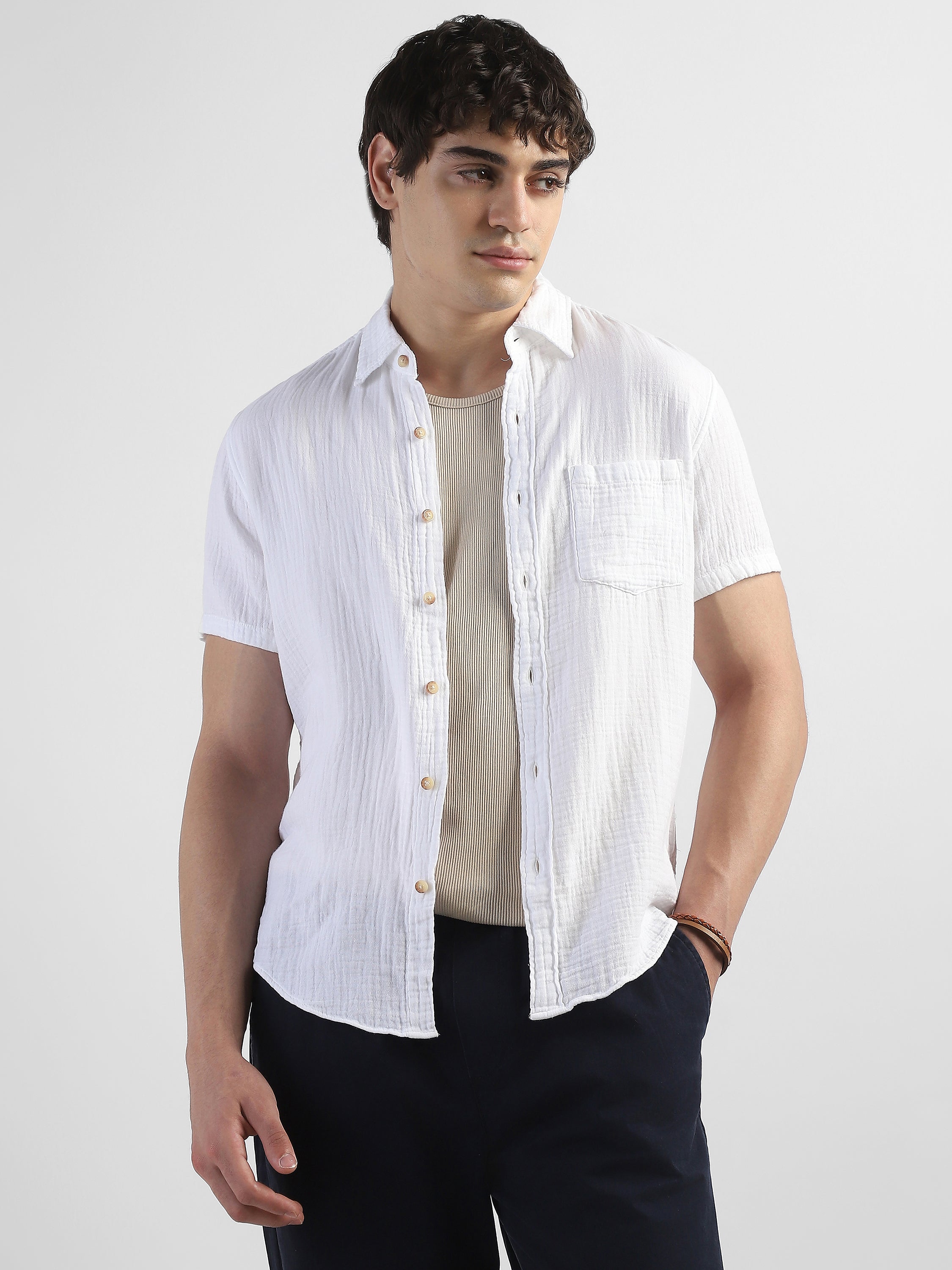 Men White Double Cloth Casual Shirt
