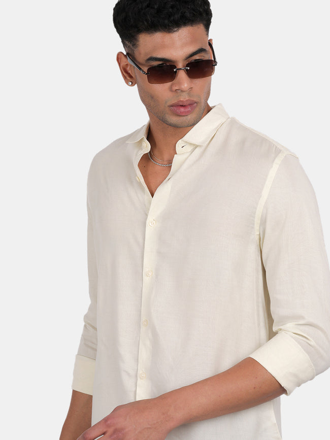 Men Light Cream Slim Fit Spread Collar Full Sleeve Casual Shirt