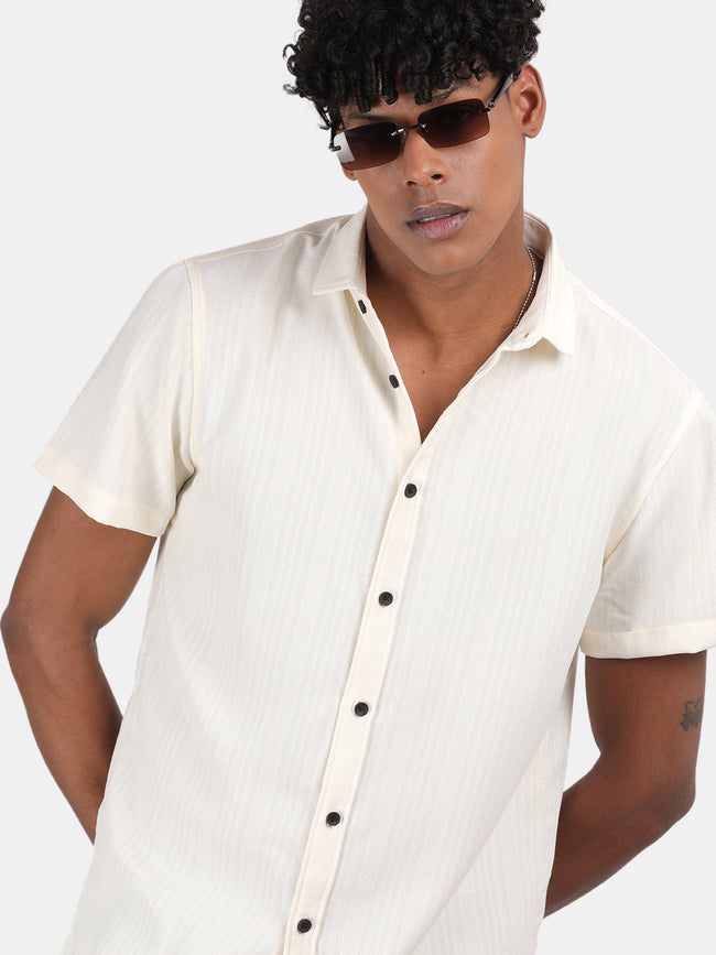 Men Cream Slim Fit Spread Collar Half Sleeve Casual Shirt
