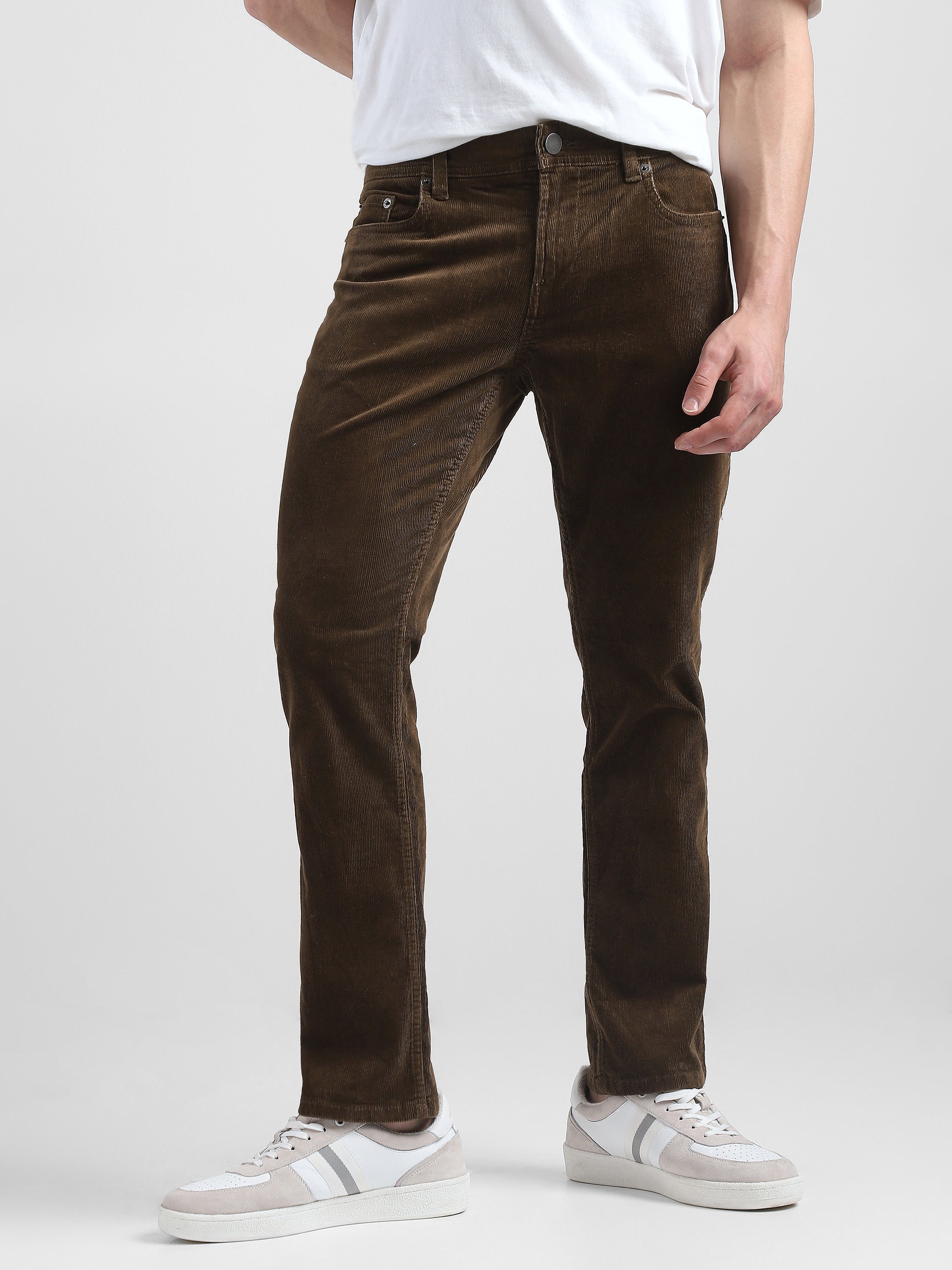 Men Brown Corduroy Straight Fit Trouser