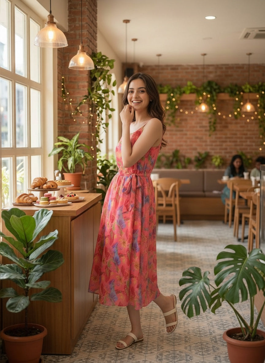 Women Floral Chiffon Midi Dress