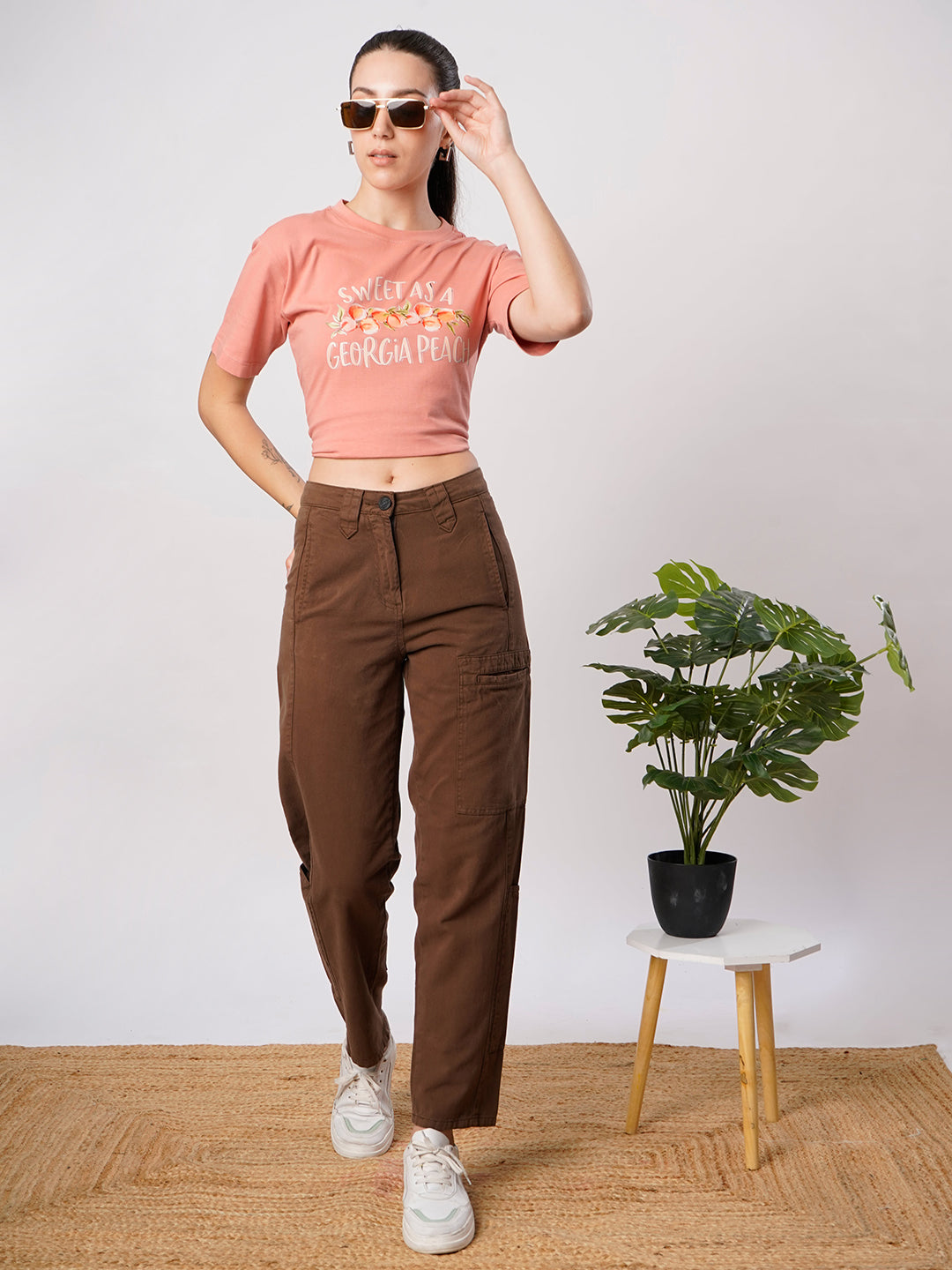Women Brown Cargo Trouser with Waistband detailing