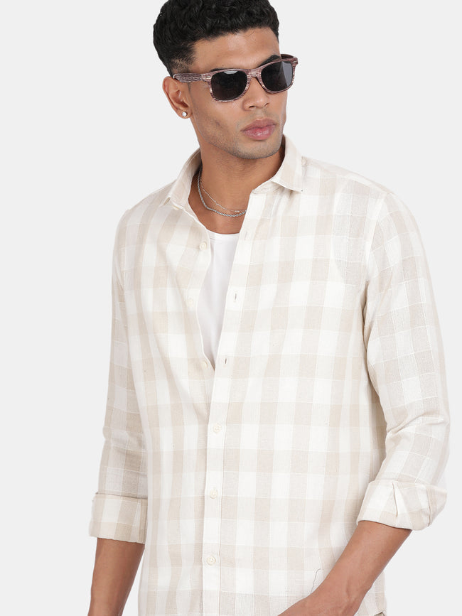 Men Beige Slim Fit Spread Collar Full Sleeve Casual Shirt