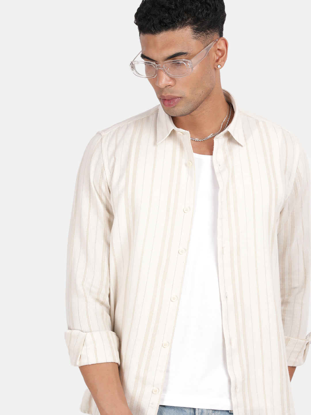 Men Cream Slim Fit Spread Collar Full Sleeve Casual Shirt