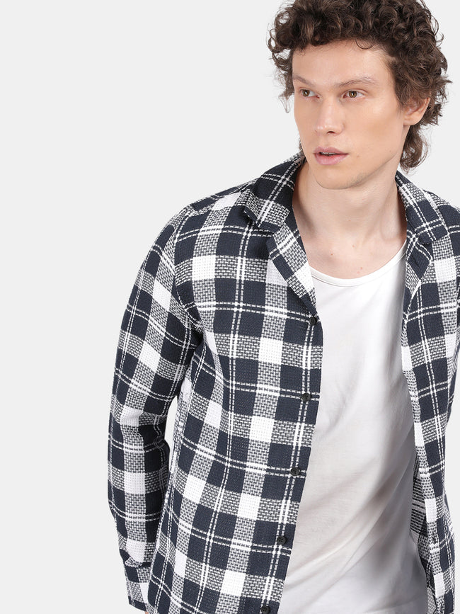 Men Navy Slim Fit Lapel Collar Full Sleeve Casual Shirt