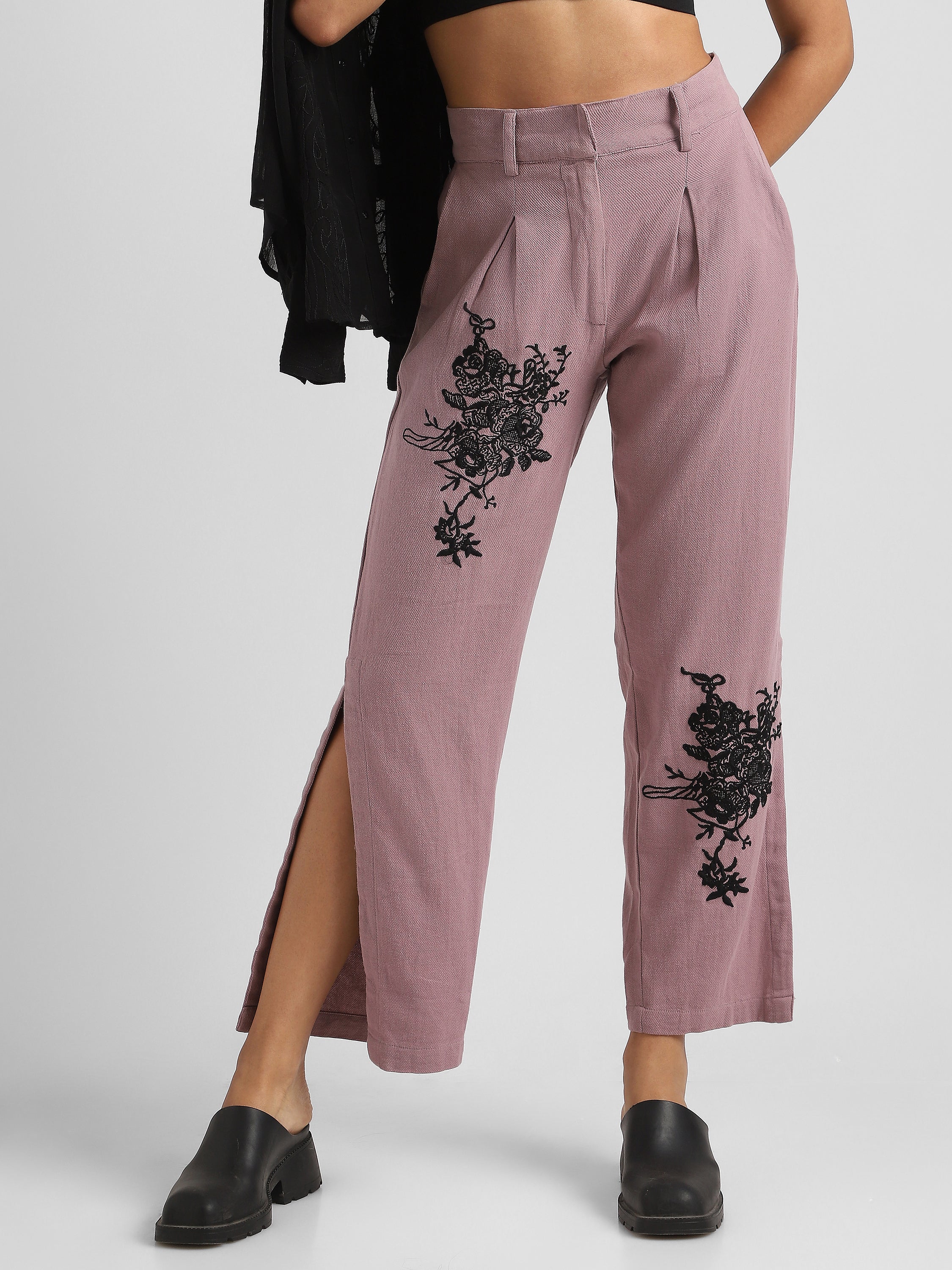 Women Pink Embroidered Pants with Slit