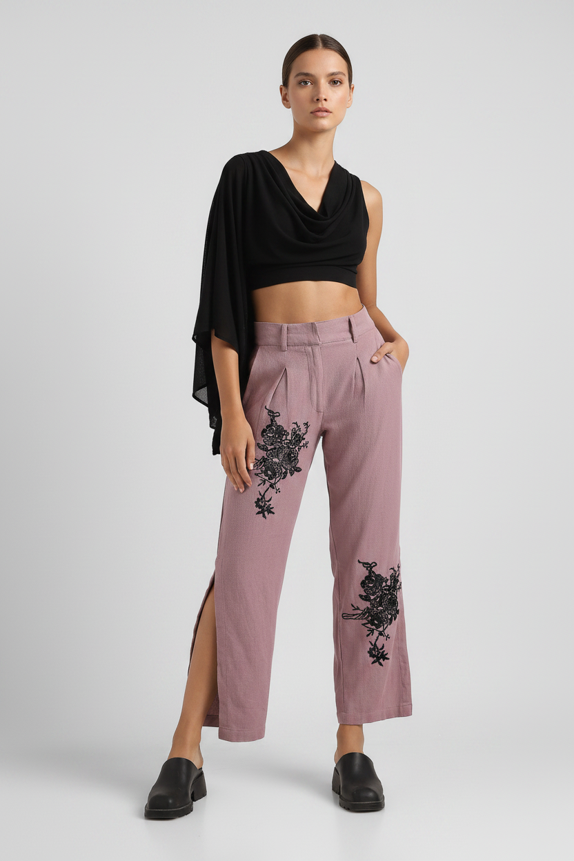 Women Pink Embroidered Pants with Slit