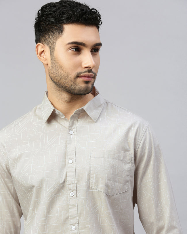 Men Beige Cotton Slim Shirt
