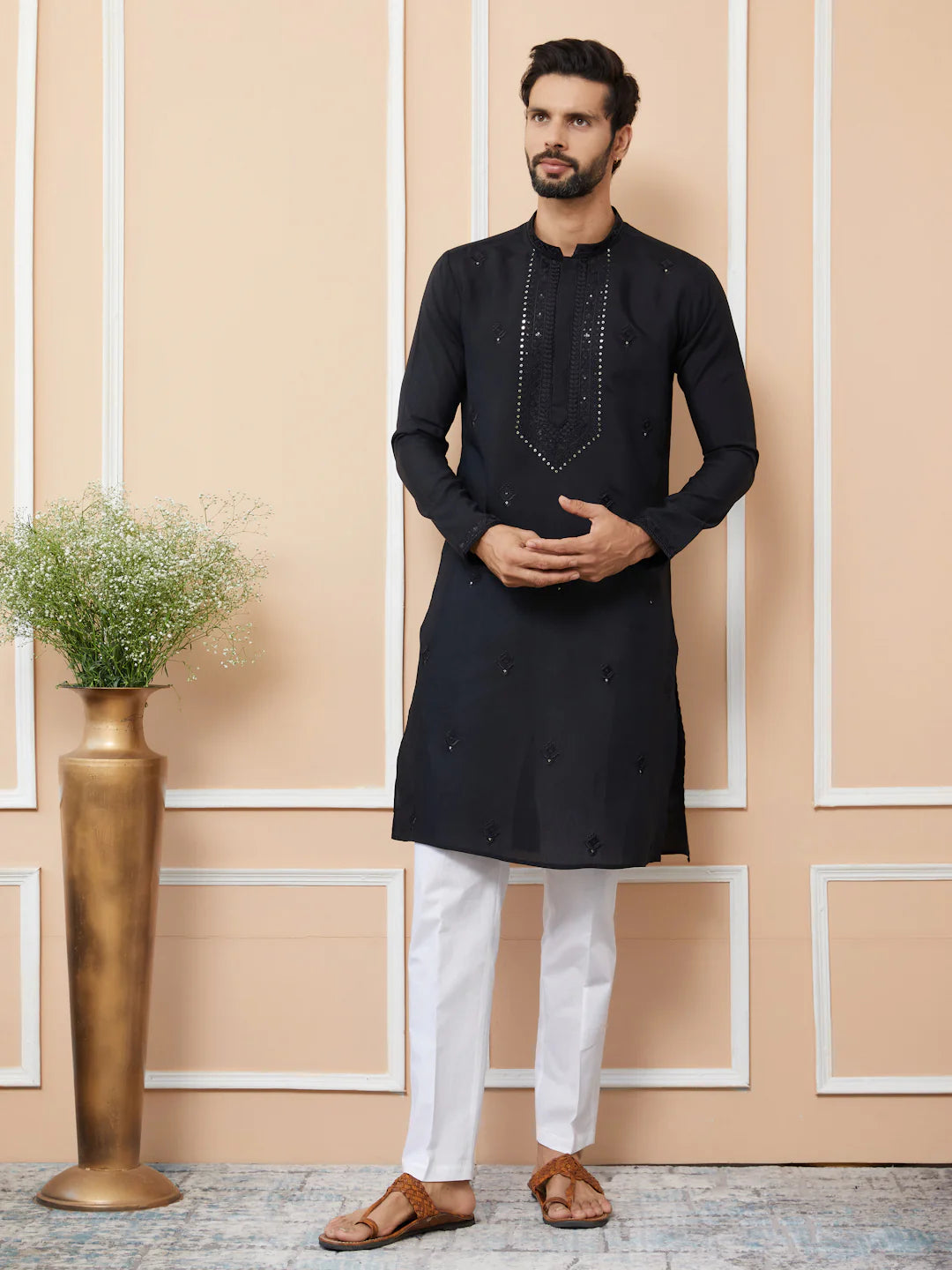 Men Black Embroidered Chanderi Silk Straight Kurta