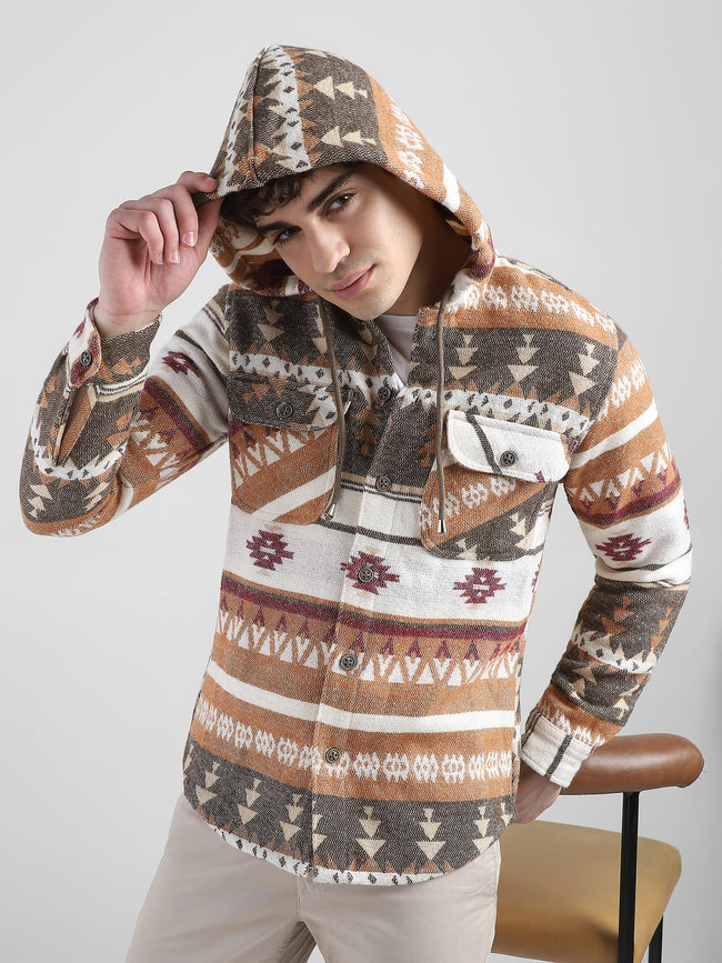 Men Orange Brown Comfort Fit Shacket