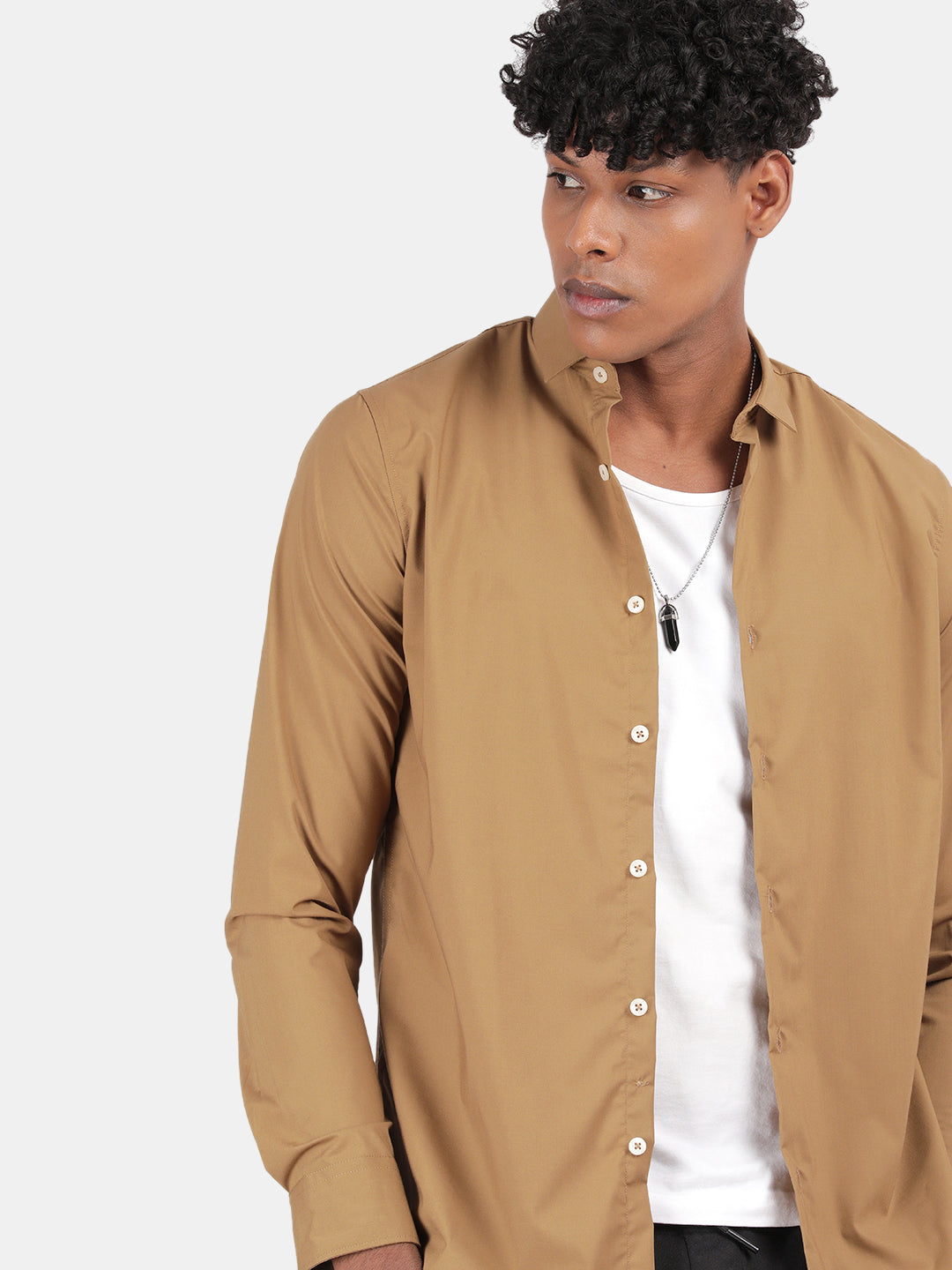 Men khaki Slim Fit Spread Collar Full Sleeve Casual Shirt