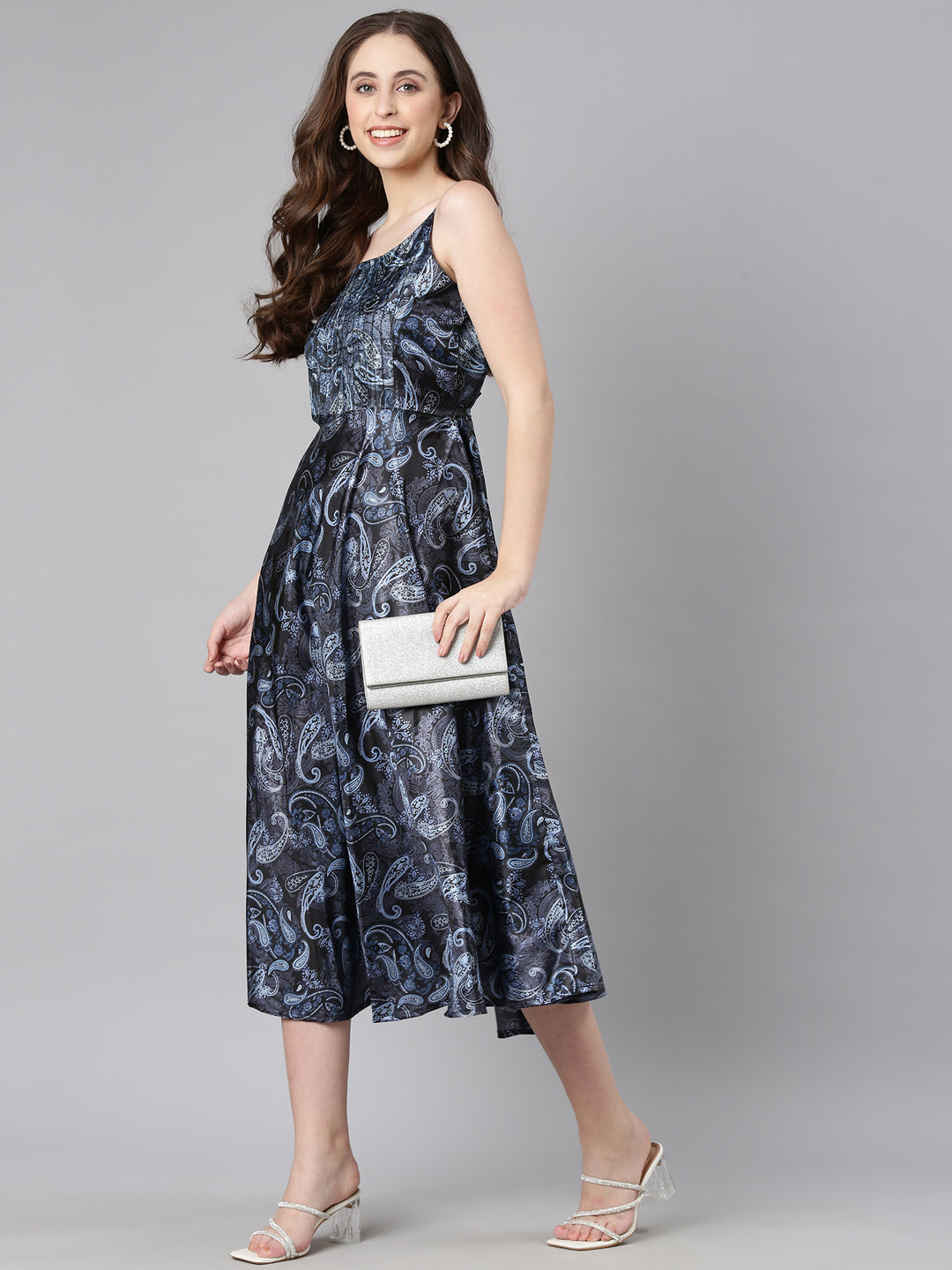 Women Navy Blue Satin Dress