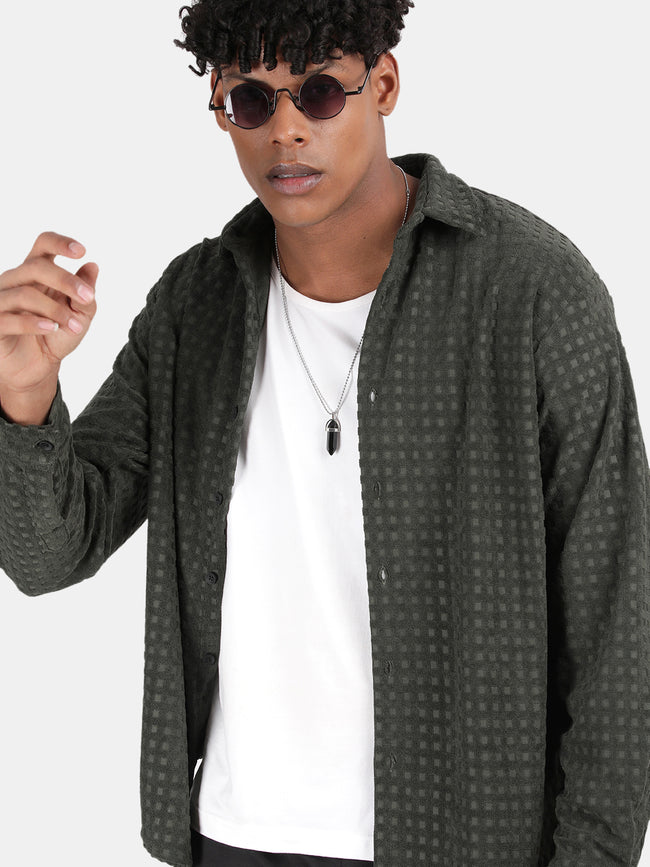 Men Green Slim Fit Spread Collar Full Sleeve Casual Shirt