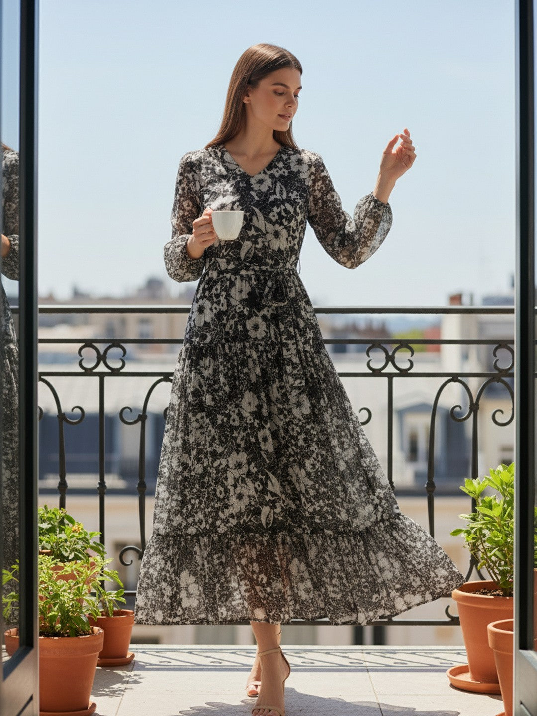 Women Floral Chiffon Flared Midi Dress