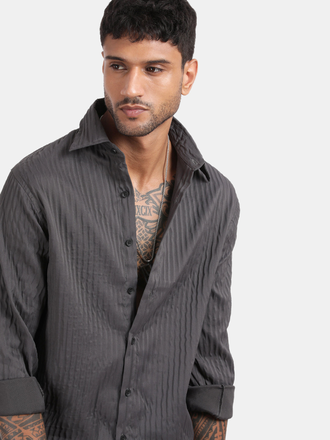 Men Dark Grey Slim Fit Spread Collar Full Sleeve Casual Shirt