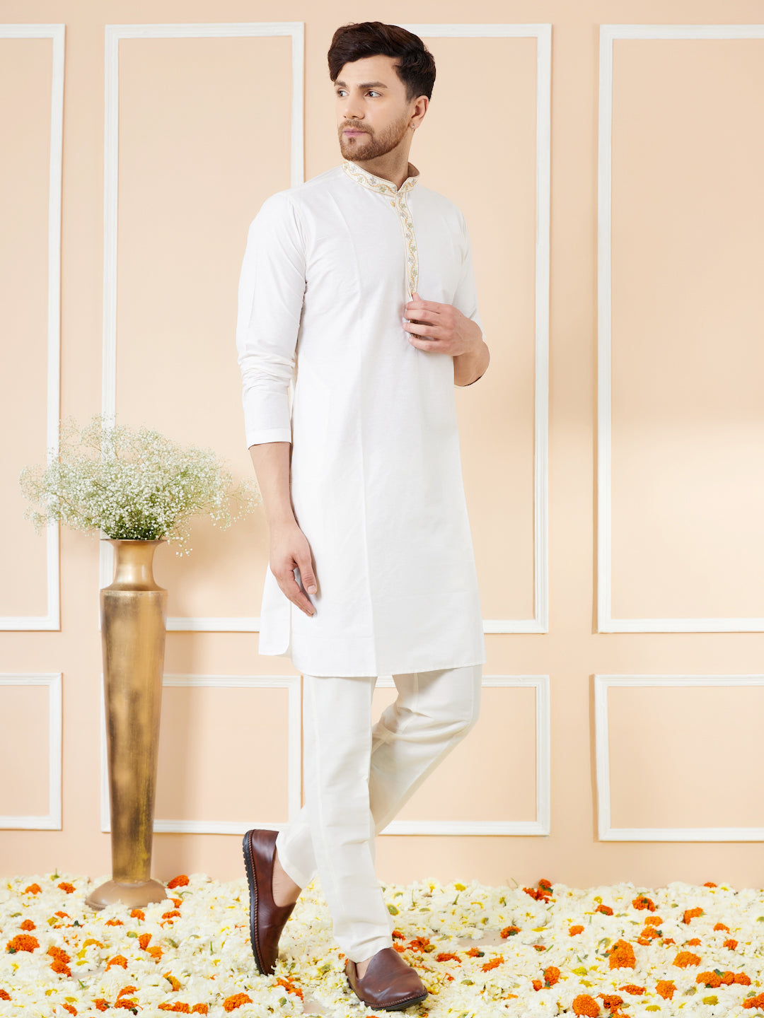 Men Cream Solid Cotton Straight Kurta With Emboridered Neckline