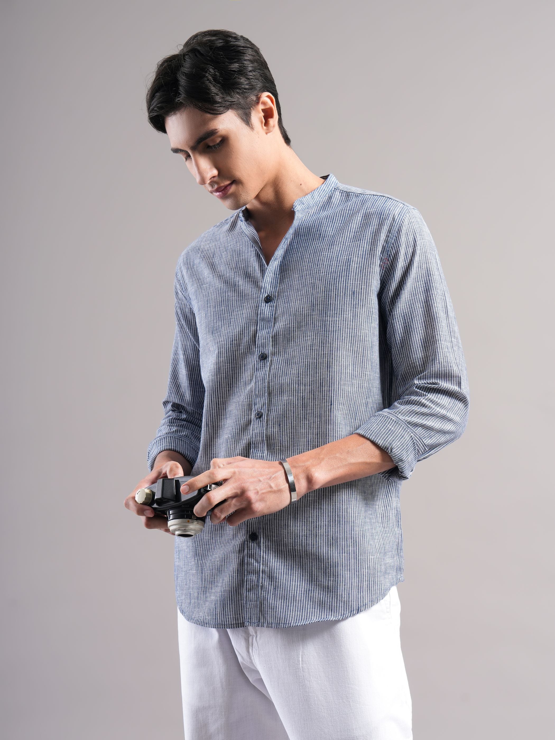 Men Navy Striped Casual Shirt