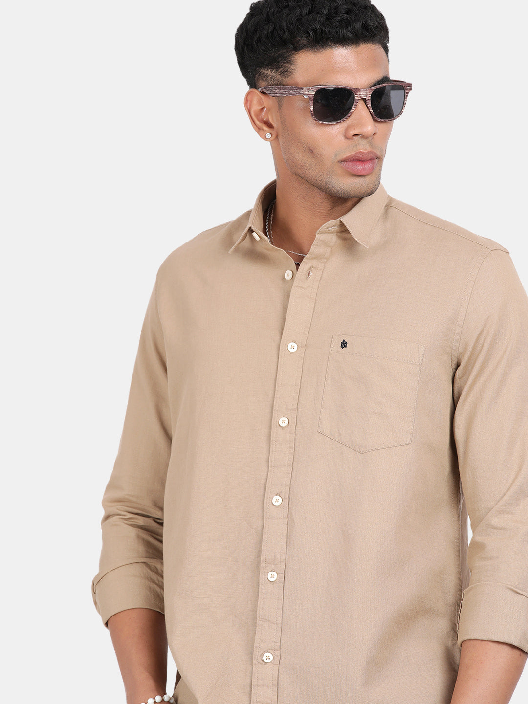 Men Khaki Slim Fit Spread Collar Full Sleeve Casual Shirt