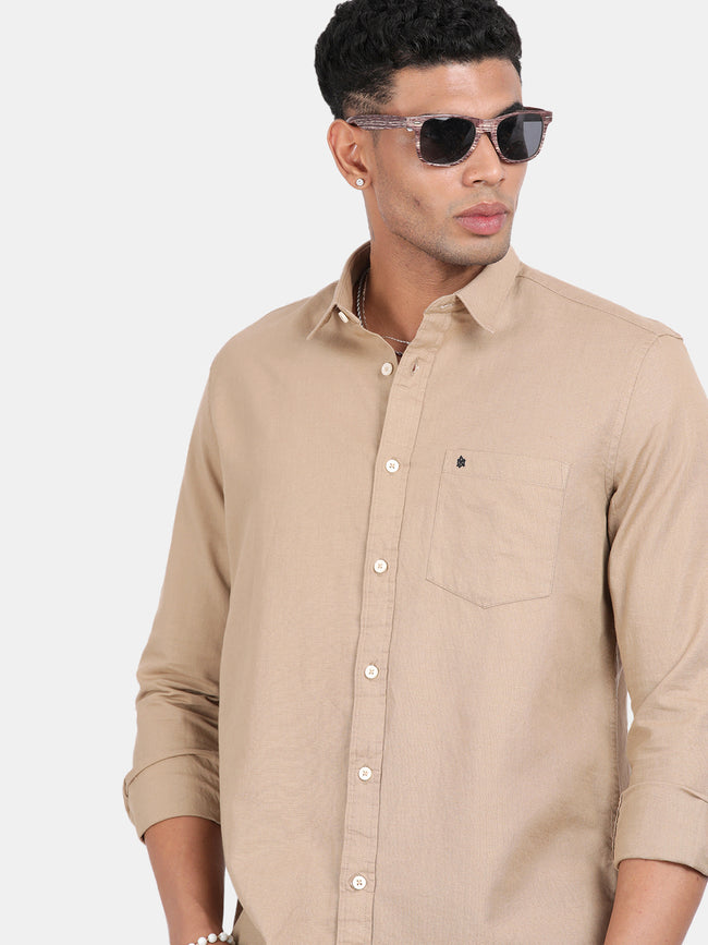 Men Khaki Slim Fit Spread Collar Full Sleeve Casual Shirt