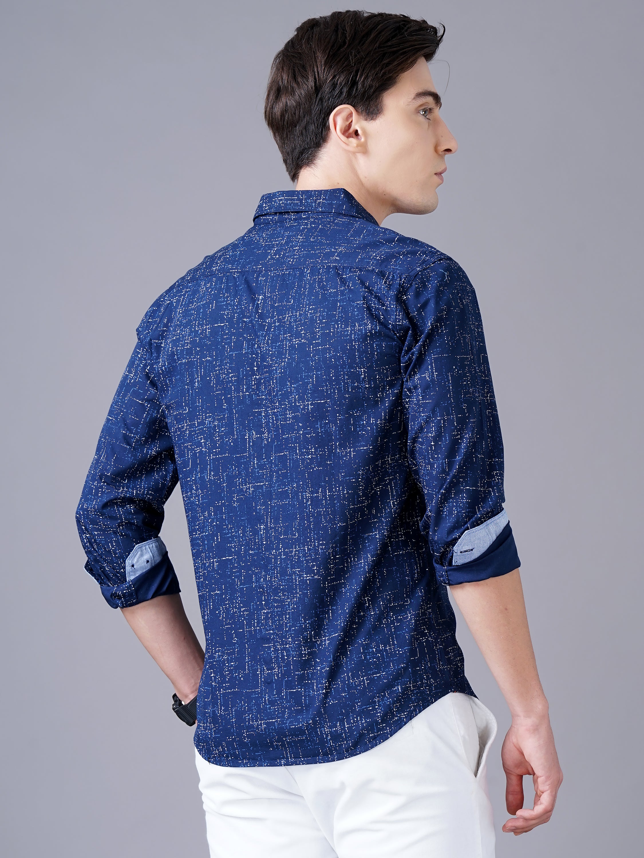 Men Blue Cotton Slim Shirt
