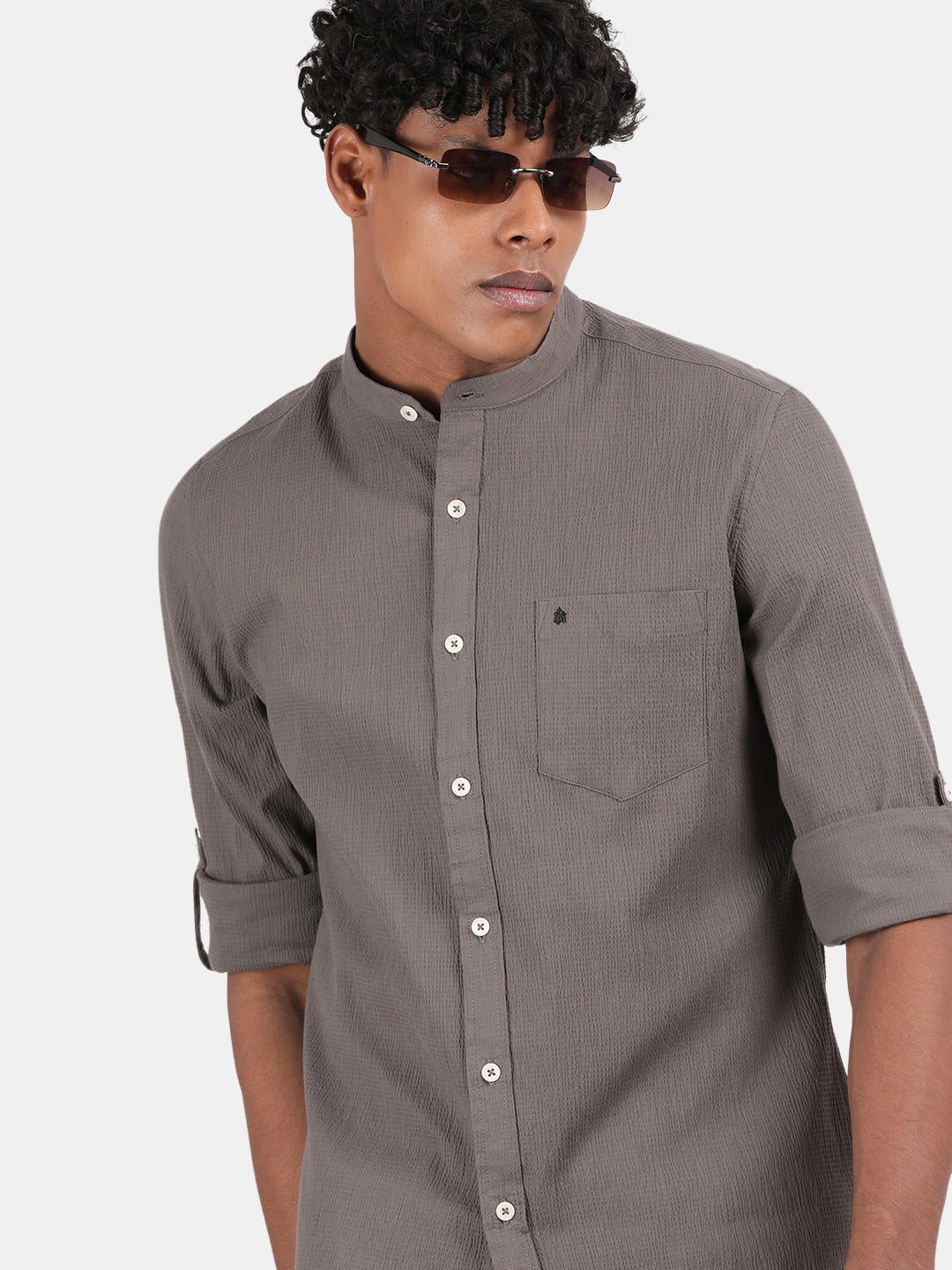 Men Grey Slim Fit Mandarin Collar Full Sleeve Casual Shirt