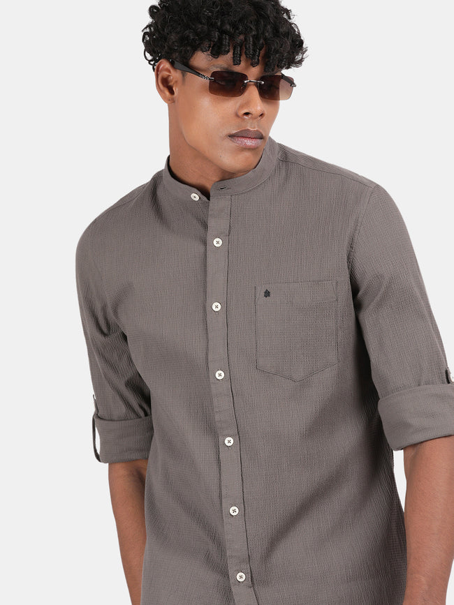 Men Grey Slim Fit Mandarin Collar Full Sleeve Casual Shirt