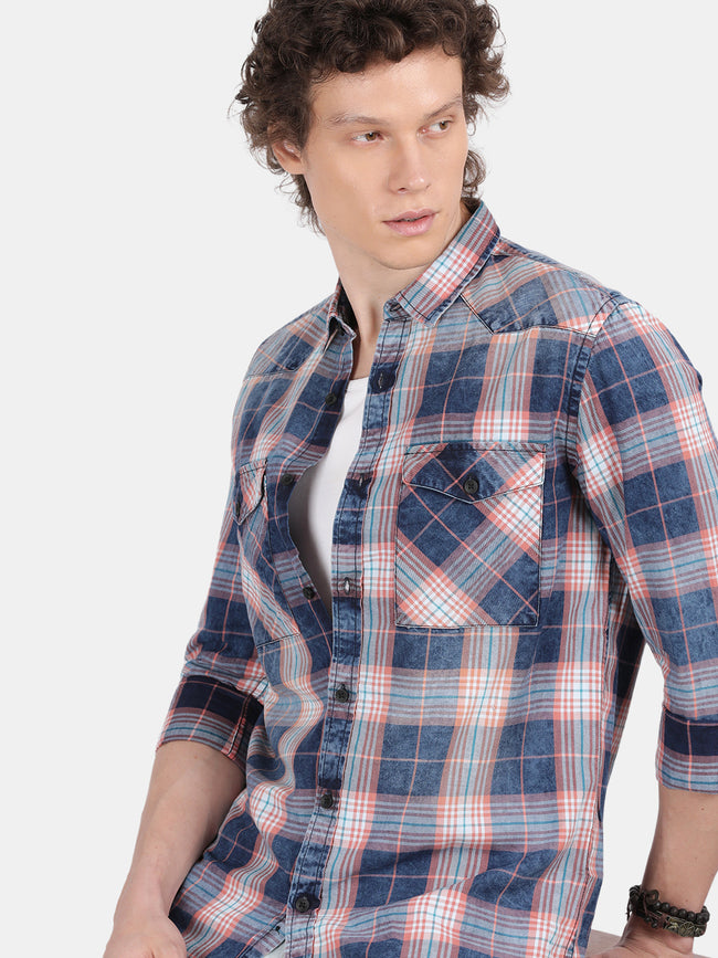 Men Navy Blue Slim Fit Spread Collar Full Sleeve Casual Shirt