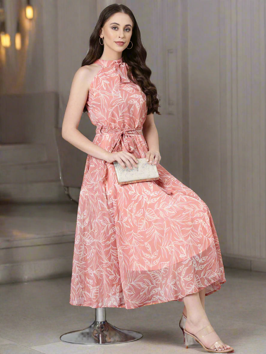 Women Peach Floral Chiffon Dress