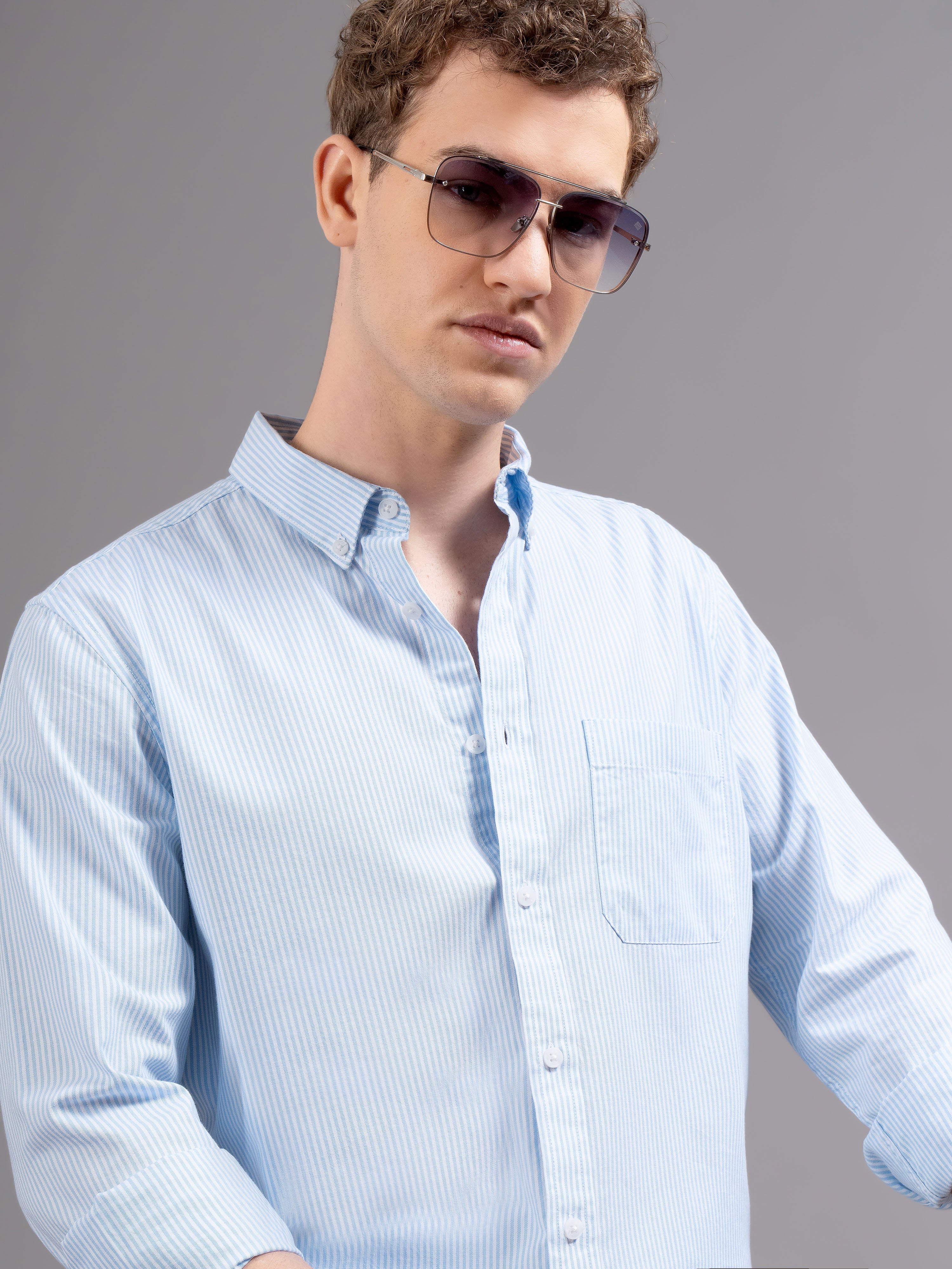 Men Blue Striped Shirt
