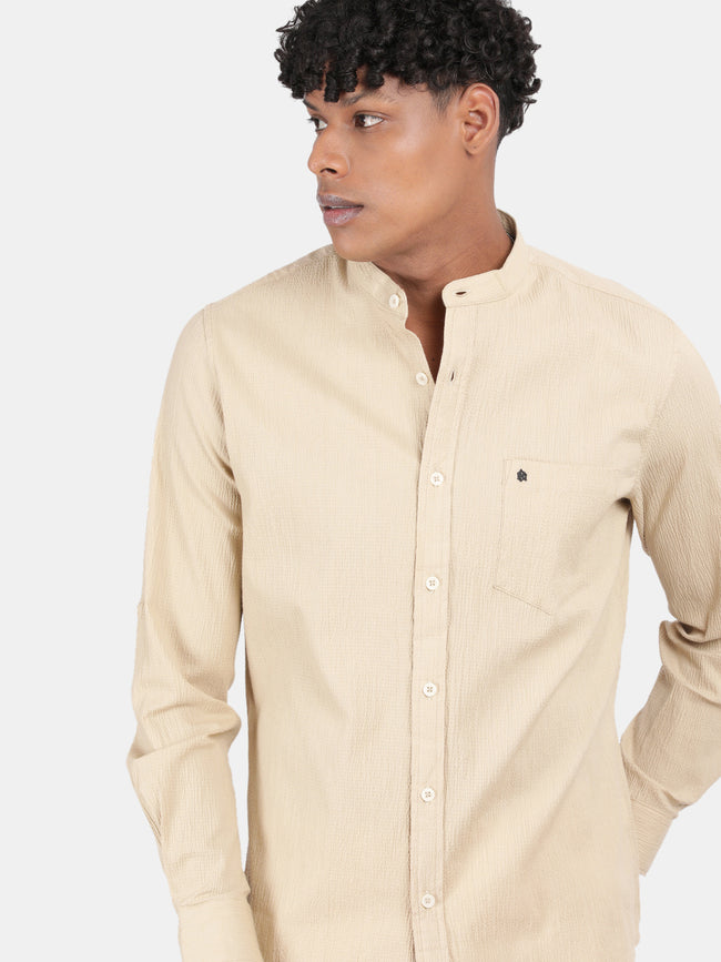 Men Cream Slim Fit Mandarin Collar Full Sleeve Casual Shirt