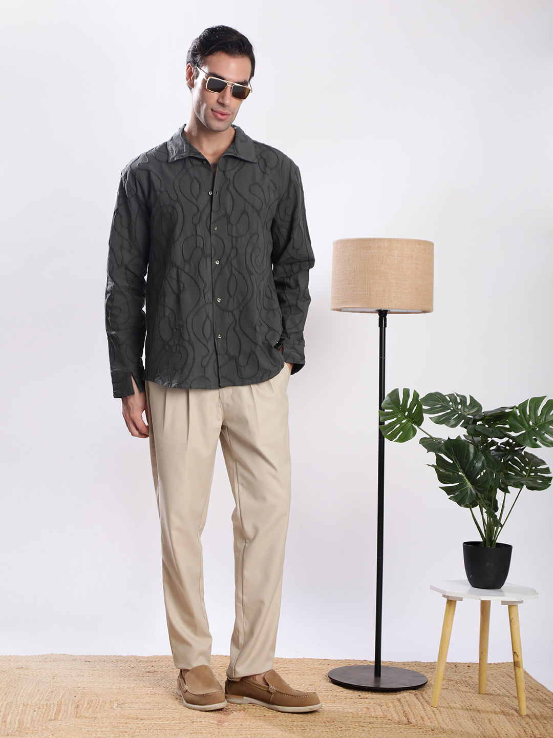 Men Olive Textured Shirt with stylized Collar
