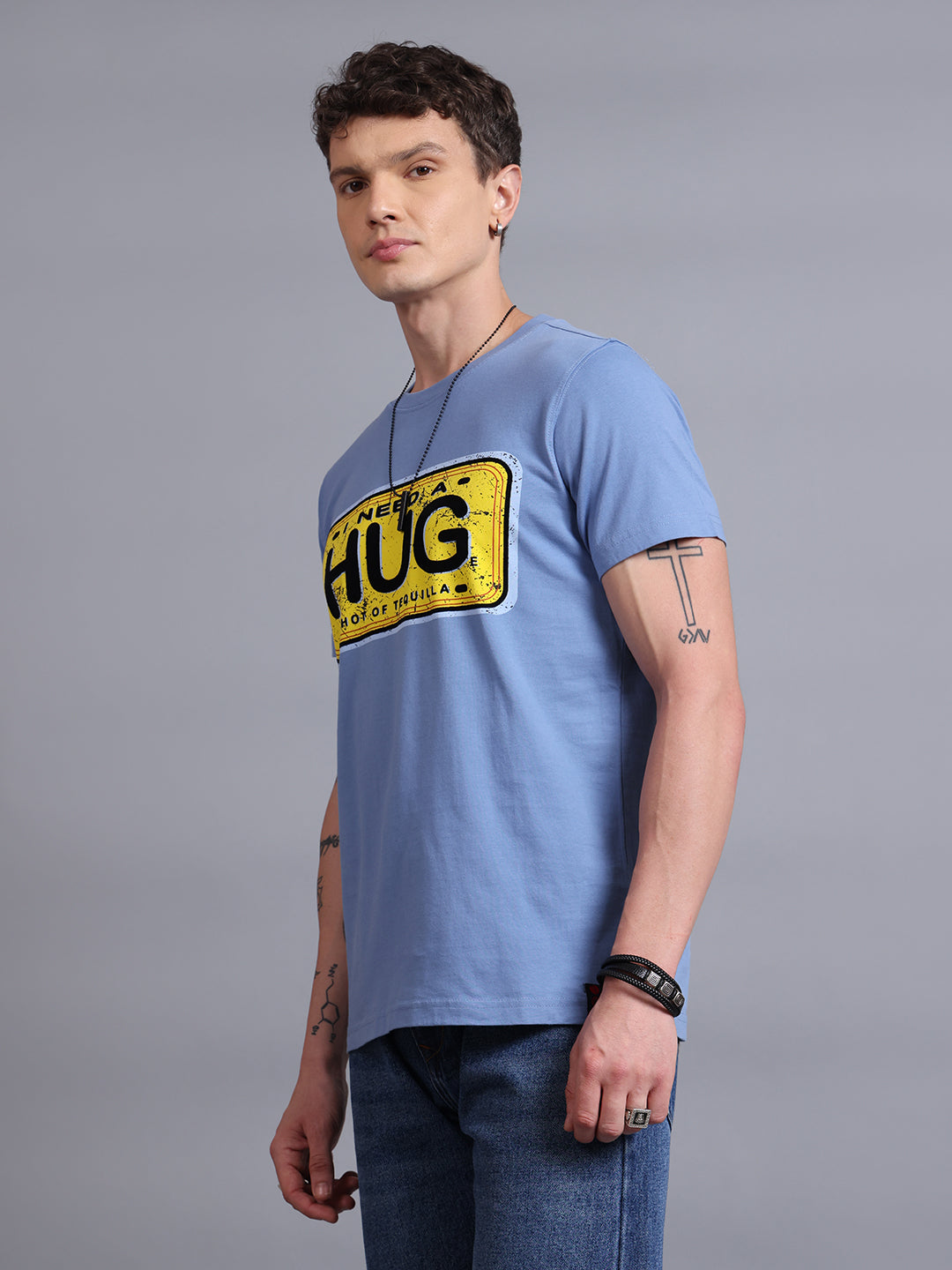 Men Blue Cotton Regular T-Shirt