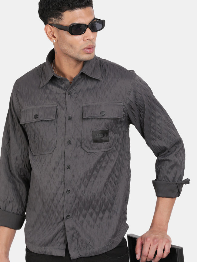Men Dark Grey Slim Fit Spread Collar Full Sleeve Casual Shirt
