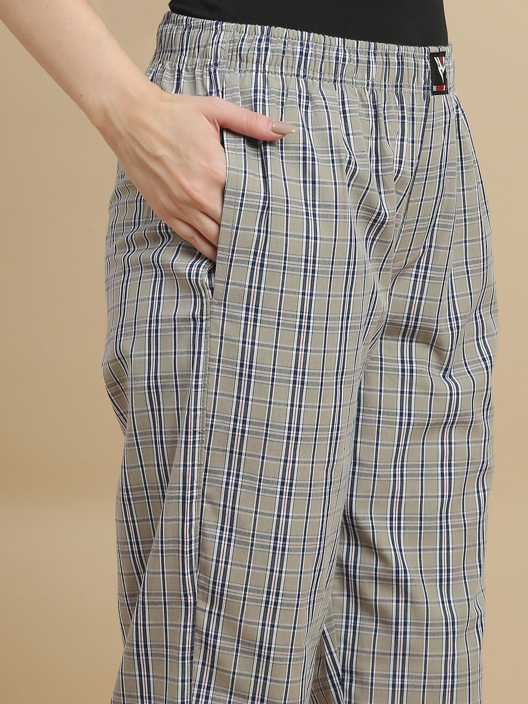 Women Taupe Checked Cotton Pyjamas