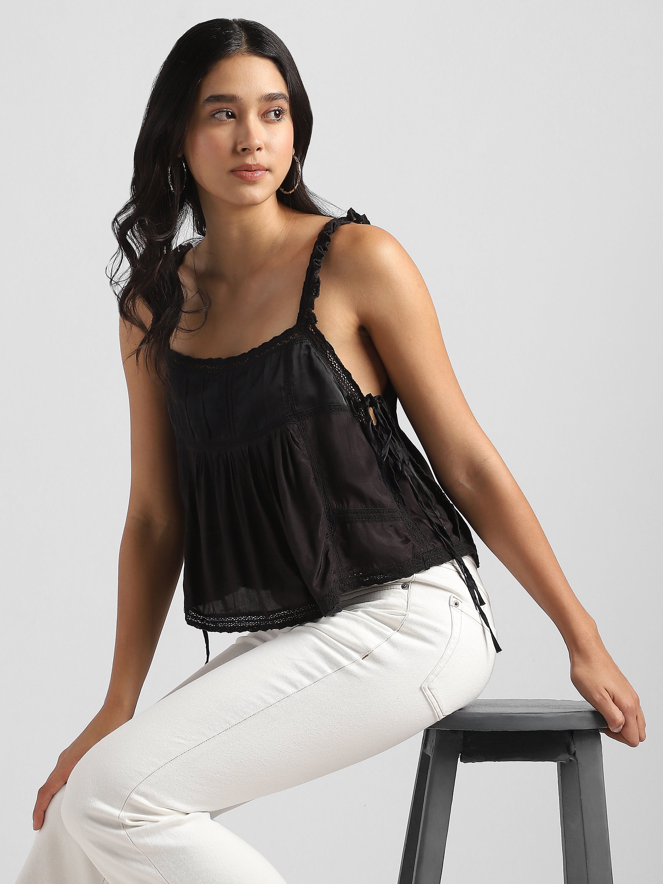 Women Black Satin Top with Lace Inserts